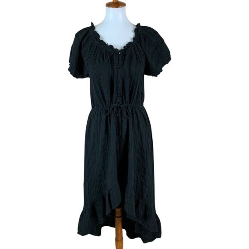 Stark X Black Button Front Ruffle Midi Dress‎ Drawstring Waist Cotton Medium